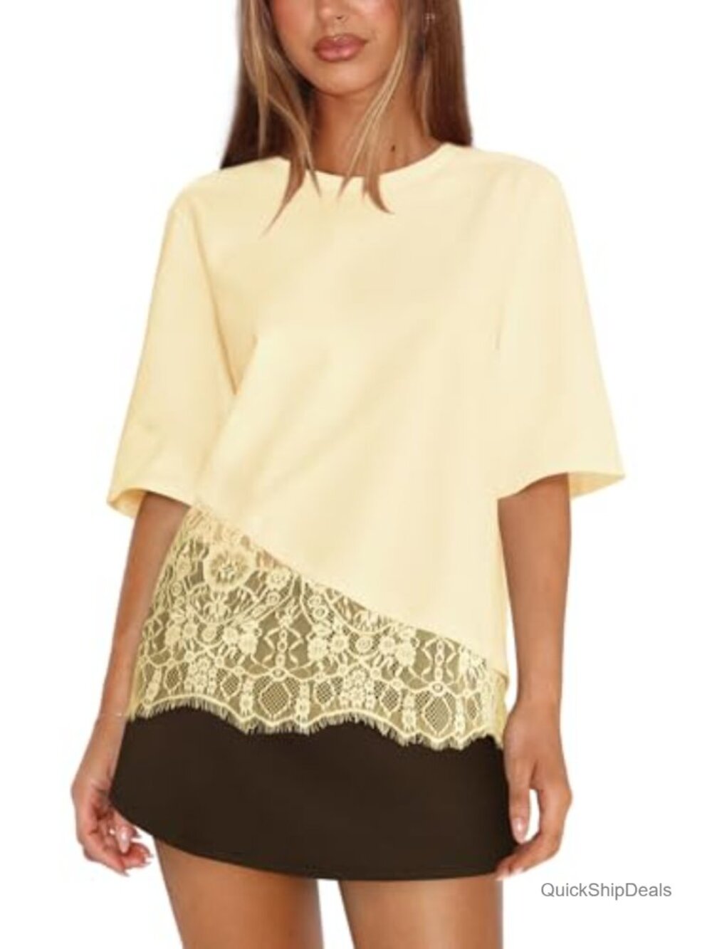 Womens Lace Overlay T-Shirt Short Sleeve Loose Fit Casual Top